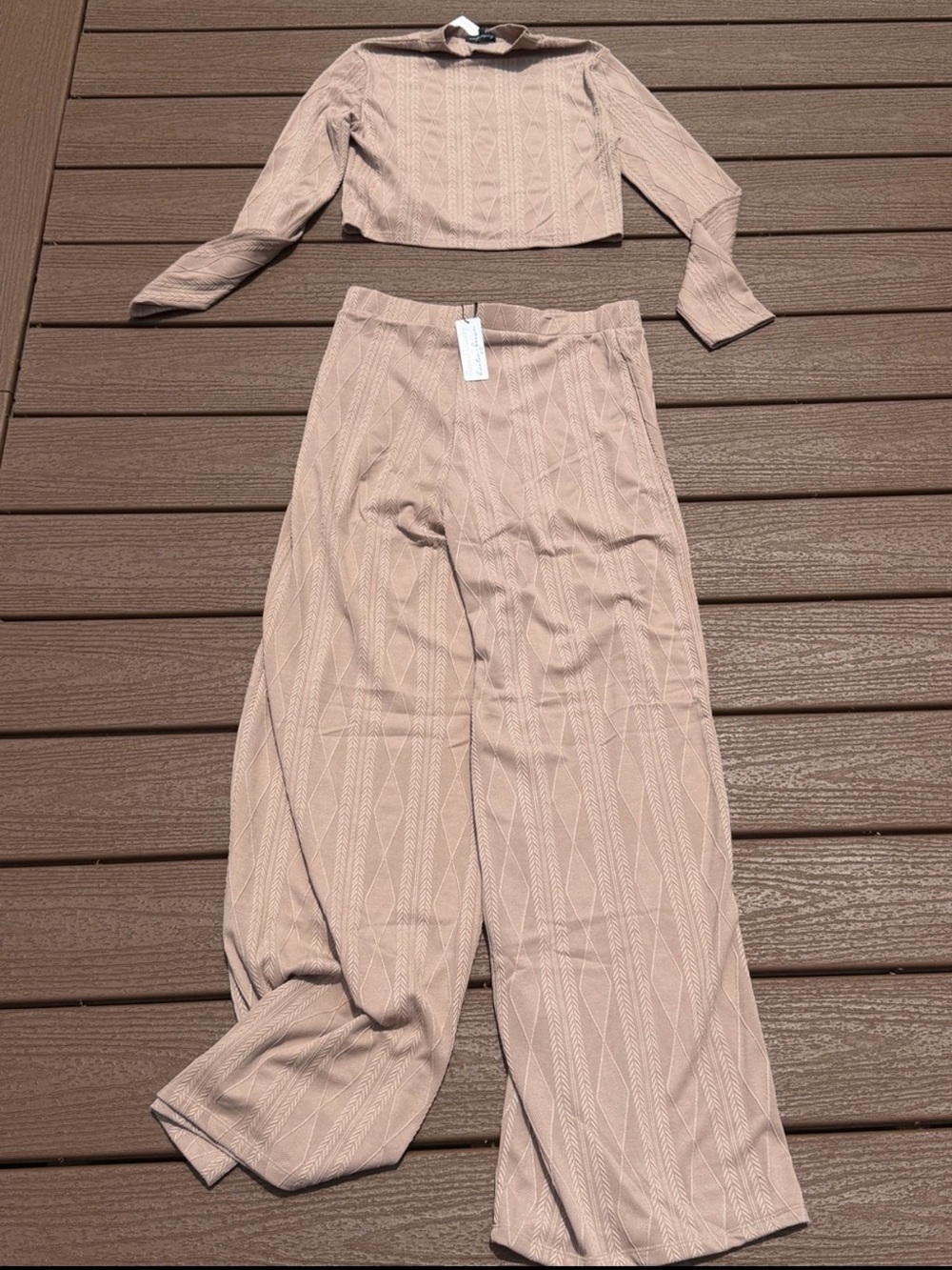 NWT Hunter & Brown Beige Cable Knit Crop Top & Wide Leg Pants Matching Set L